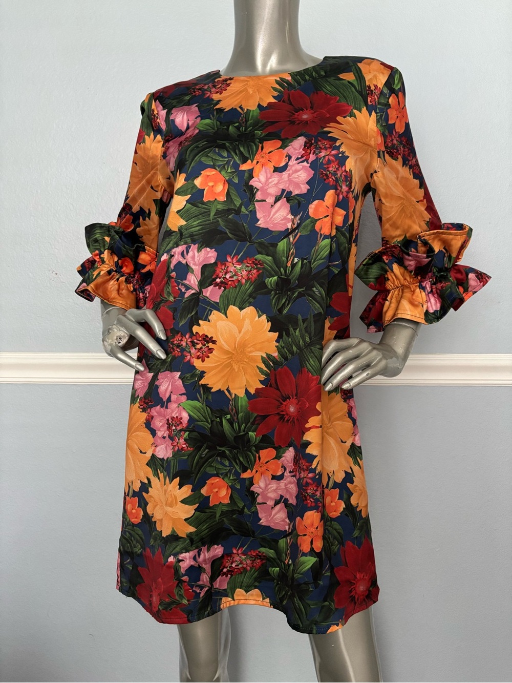 Abbey Glass Dress NWT Full Bloom Floral Ruffle Sleeve Mini Bronwyn